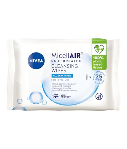 NIVEA Micellar Water Cleansing Wipes Extremely Gentle for Face and Eyes Skin Hydrating Natural Origin Biodegradable Travel Convenient, 25pcs (PACK OF 3)