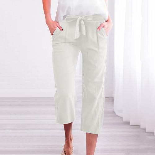 Straight Leg Pedal Pushers for Women Lightweight Plus Size Linen Capri Pants Casual Tie Elastic Waist Bermuda Shorts2