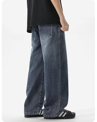 Mens Relaxed Straight Jean Elastic Waist Wide Leg Denim Pants Casual Loose Fit Long Trousers Streetwear MZA193