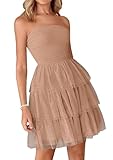 PRETTYGARDEN Womens Tulle Dress Strapless Tube Top Short Dress Summer Ruffle Tiered Party Wedding Guest Dresses(Khaki,Medium)