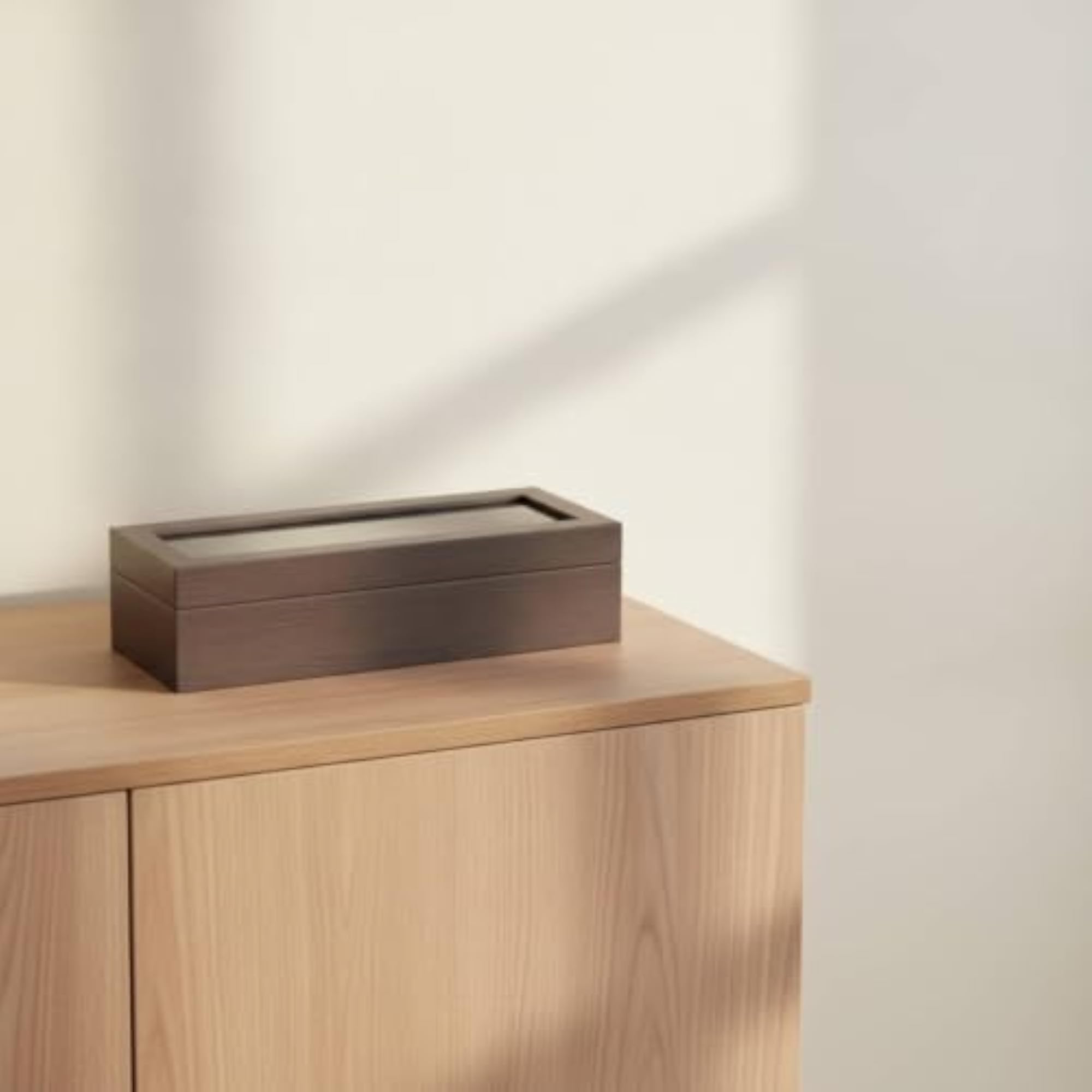 Wood-Grain Watch Display Case with Glass Lid