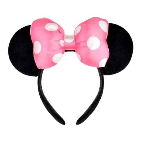 A Miaow 3D Black Mouse Velvet Ears Headband MM Polka Dot Satin Bow Hair Clasp Women Adults Costume Supply Holiday Park Headwear (Black and Pink, One Size) Cover