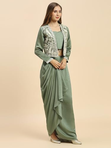 Image of madhuram women'S Vichitra Silk Dhoti Skirt And Choli With Short Coti Set For Solid With Heavy Embroidery Work Set(M-2459)