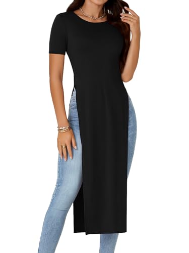 OPOIPIN Women's Crew Neck Split Slit Hem Short Sleeve Slim Fit Tee Top Long Shirt Tunic
