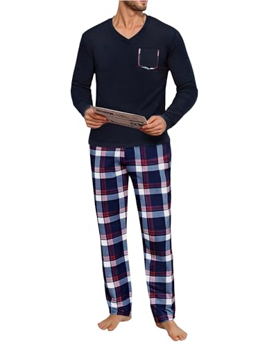 Uniexcosm Pigiama Uomo Lungo Pigiama da Uomo in Cotone Pigiami Due Pezzi da Uomo Invernale Leggero a Tasche Laterali Blu Navy XL