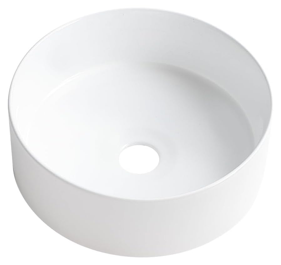 Image of META Premium Round Ceramic Table Top Wash Basin | Modern White Glossy Countertop Vessel Sink for Bathroom | Minimalist European Style Luxury Vanity Basin (14x14x4.5 Inch)