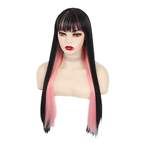 Image of Swiking Black and Pink Long Straight Wig for Women with Bangs Synthetic Hair Heat Resistant Fiber Wig Natural Looking Halloween Party Cosplay Wig
