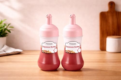 Image of Pink Premium Squeeze Squirt Bottle Flexible Dispenser Wide Mouth Container Bottle with Attached Cap, Sauce Bottle for Ketchup, Oil, Salad Dressing, Transparent, 280ml, Pack of 2