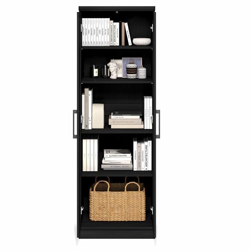 Image of Furinno Robin Storage Cabinet, 5-Tier Pantry Cabinet with Adjustable Shelves, 23W with 2 Shaker-Doors, Kitchen Cabinet, Organization and Storage, for Pantry, Living Room, Home Office, Black Woodgrain