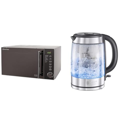 Russell Hobbs RHM2017 20L 800W Silver Digital Microwave, Child Safety Lock, Automatic Defrost & Brita Filter Purity Glass 1.5L Electric Cordless Kettle for cleaner, clearer water