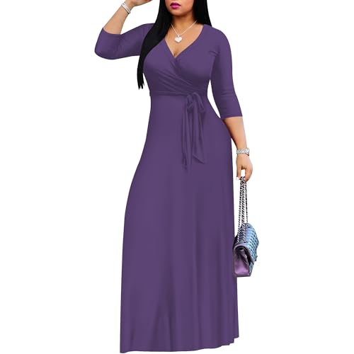 Image of PinkPatty Women's Print Maxi Dresses 3 /4 Sleeve Flowy Long Dress V Neck Wrap Tie Waist Sundress