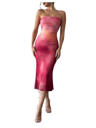 Image of MakeMeChic Women's Strapless Maxi Dress Cocktail Mesh Ombre Bodycon Tube Dresses