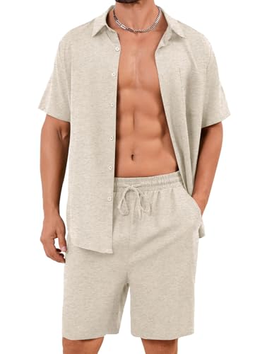 Flygo Men's 2 Piece Linen Short Sets Casual Button Down Shirt Shorts Set Summer Beach Cruise Outfits for Men(Natural-S)