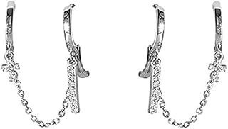 CZ Cross Bar Double Piercing Cuff Wrap Chain Small Hoop Dangle Drop Earrings for Women Girls Cartilage 2 Holes S925 Sterling Silver Cralwer Threader Hanging Personalized Gifts Birthday Bff