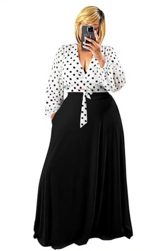 Image of Plus Size Women's 2 Piece Outfits Casual Long Sleeve Wrap Crop Top Maxi Long Dress Flowy Matching Sets