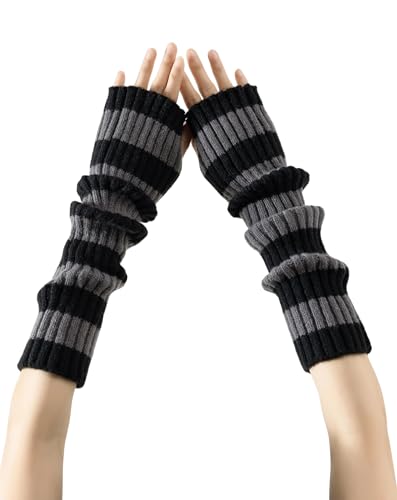 Yawlsow Arm and Leg Warmers for Women Girls Y2k Knit Leg Warmer Kawaii Lolita Goth Harajuku Streetwear Grunge Accessories (arm Gray-black stripes One Size)