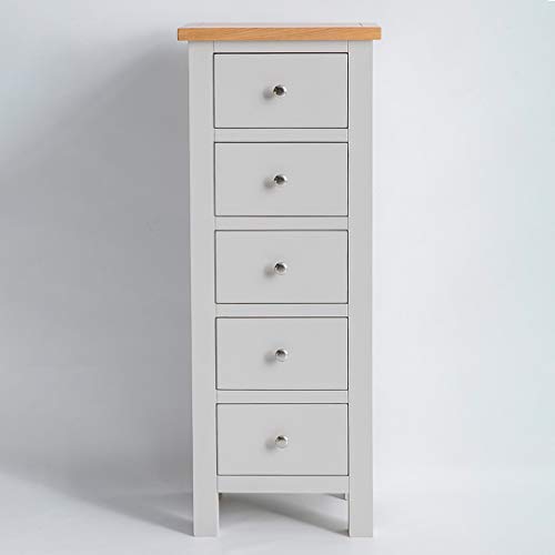 RoselandFurniture Farro Grey Tallboy Chest of Drawers for Bedroom Slim 5 Drawer Cabinet Fully Assembled Contemporary Tall Painted Solid Wood Narrow Storage Chest with Oak Top | 115 x 45cm
