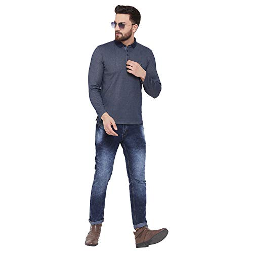 Image of OKANE Mens Poly Cotton Solid Navy Long Sleeve Buttoned Collar Neck Shirt
