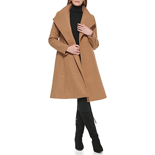 Calvin Klein Women's Ring Snap Detail Asymmetrical Closure Stand Collar Welt Pockets Coat, Dark Camel Melange, X-Large