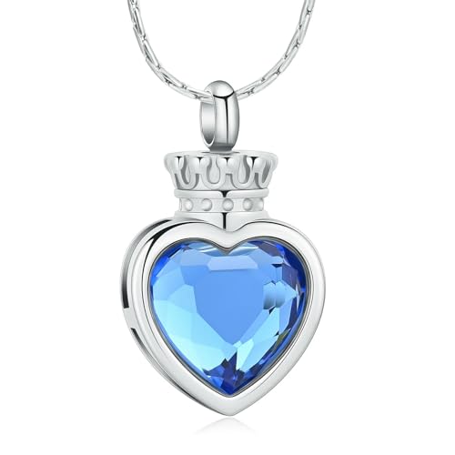 MYPOWER Collier urne funéraire en Cristal en Forme de cœur avec Couronne - Bijou de crémation pour Cendres d'êtres Chers - Pendentif commémoratif - Cadeau Souvenir funéraire pour Femmes et Filles