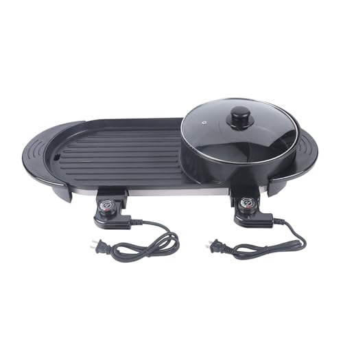 HinLIaDa 1100W Electric Hot Pot with Grill, Shabu shabu Hotpot Korean BBQ Grill Indoor 2 in 1 Multifunction Non-Stick Home Barbecue Pan, Separate Dual Temperature Control for 1-6 People Family Dinning