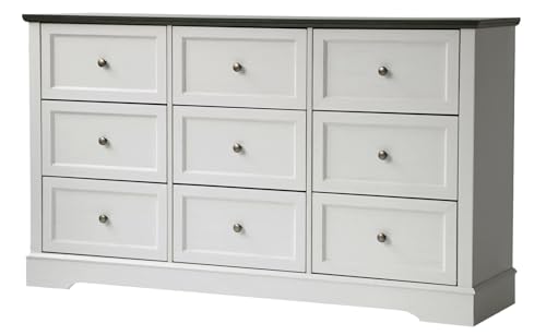 LOUVIXA Farmhouse Dresser 9 Drawer, Bedroom Chest of Drawers, Dressers with 9 Drawers, Wooden Dressers for Bedroom, Living Room, Tv Stand, Entryway (Off White-9 Drawers)