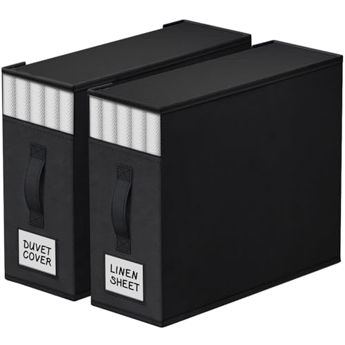 Image of StorageTastic 2 Pack Bed Sheet Closet Organizers and Storage,Sturdy Foldable Storage Containers with Window and Label,Storage and Organization for Bedding Sheets,Duvet Covers,Blankets (Black)