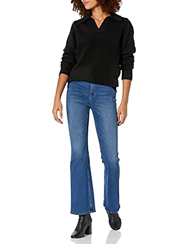 Image of Cable Stitch Women's Two Tone Polo Neck Open Collar V-Neck Sweater - Long Sleeve Relaxed Pullover Top