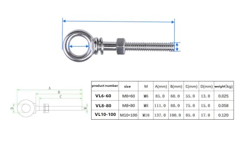 Image of 2Pcs M6x60 316 Stainless Steel Threaded Eyebolts Installation with Washer and Nuts