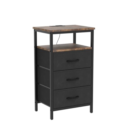 Image of Huuger Nightstands Set of 2, Nightstand with Charging Station,Bedside Table | 27.6 Inch Side Table Night Stand with Outlets, End Table with Fabric Drawers, Night Stand for Bedroom, Rustic Brown and Black