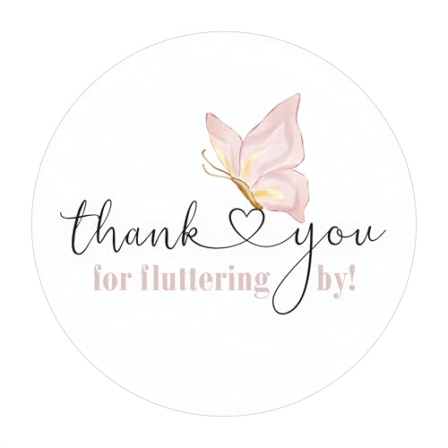 100PCS Thank You Stickers, 2 Inch Pink Butterfly Favor Stickers, Wedding Favor Labels with “Thank You for Fluttering By” for Wedding, Baby Shower, Girls Birthday Party Favors