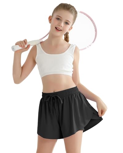 Girls Flowy Athletic Shorts with Pocket Kids Spandex 2 in 1 Drawstring Butterfly Skorts for Cheer, Dance, Running