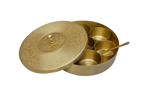 Image of Pure Brass Small Masala Box (6 Inch) with Lotus Design, Handcrafted Spice Box with 7 Containers & Spoon, Mukhwas Box, Kitchen Storage, Round Brass Masala Dani, Diwali & Housewarming Gift