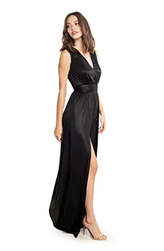 Image of DRESS THE POPULATION Women's Krista V Neck Tie Waist Coated Jersey Slit Front Maxi Dress