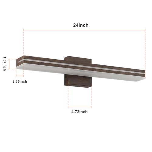 Image of SineRise LED Modern Bathroom Vanity Light Fixtures (24-Inch, 3000K /4000K /6000K, Dimmable), Brown Wood Painted Modern Acrylic Bathroom Wall Lighting Fixtures Over Mirror