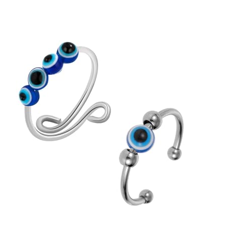 Image of El Regalo 2PCs Eye Catching Fidget Meditation Adjustable Finger Rings for Girls & Women- Retro Blue Evil Eyes Opening Adjustable Rotating Beads Rings