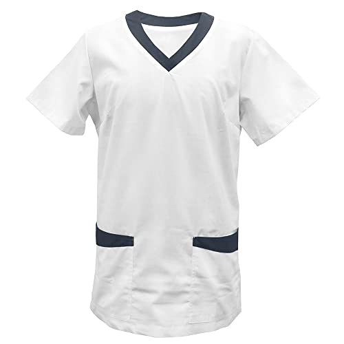 EXNER Medizinischer Schlupf-Kasack mit Besatz, OP-Kasack, für Damen und Herren in Medizin, Krankenpflege, Altenpflege, SPA, Wellness, Kosmetik, Farbe weiß, Besatz Graphit, Größe XL