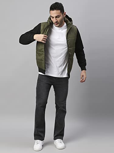 Image of Dennis Lingo Polyester Regular Fit Full Sleeves Men's Color Block Hooded Puffer Jacket with 2 Pockets - Lightweight Casual Winterwear for Men
