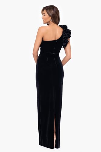 Xscape Women's Long One-Shoulder Velvet Dress with Ruffle Shoulder and Center Back Zipper, Black, 102