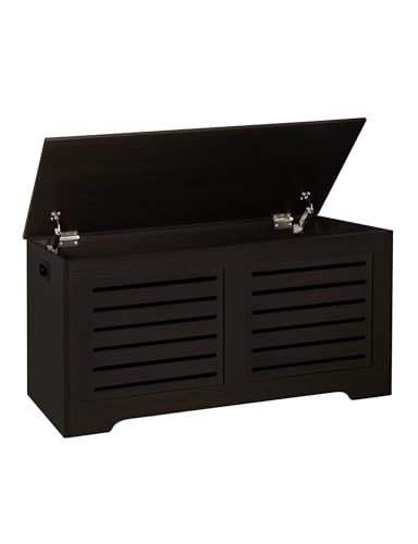 DINZI LVJ Storage Chest, 43.3” Wooden Toy Box with 2 Safety Hinges, Retro Entryway Shoe Storage Bench with Flip-Top, Sturdy Large Storage Trunk for Living Room, Bedroom, Easy Assembly, Espresso