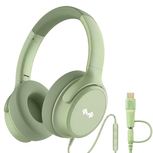 MartiAudio Over-Ear Wired Headphones with USB-C Adapter & 3.5mm Jack Premium Comfort Wired Headset with Inline Microphone & Volume Control for Phone Laptop PC Tablet(Green)