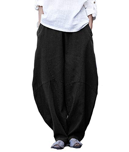 Aeneontrue Women's Linen Patchwork Pants Wide Leg Trousers with Elastic Waist Lantern Pants (Large, Style1_Black)