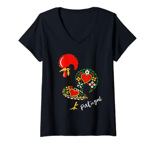 Mujer Galo de Barcelos - Galo portugués - Diseño apenado Camiseta Cuello V