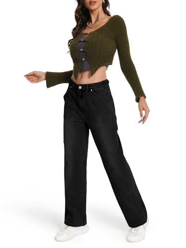 ONESO Womens Straight Leg Jeans, Mid Waist Front Seam Wide Leg Jeans for Women Boyfriend Denim Pants2