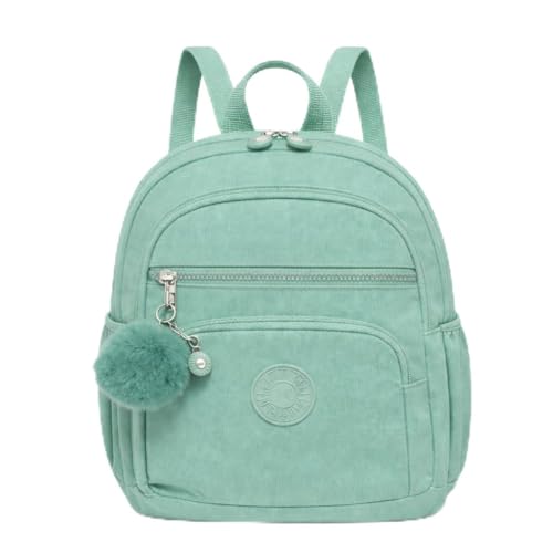 Mini Mochila Feminina de Nylon Impermeável, Extremamente Leve e Resistente a Água, Mochila Pequena com Pompom, Mochilinha Versátil com 4 Zíperes (Turquesa)