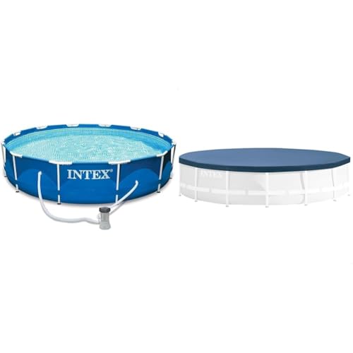 INTEX Piscine à structure métallique avec pompe - 305 x 76 cm bleu 28202GN & Bâche de protection pour Tubulaire ronde Bleu 305 x 305 x 25 cm 28030