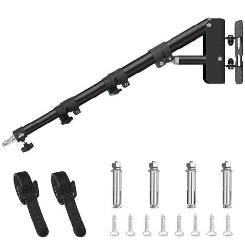 MSKIRA Anillo de luz de pared con base triangular, longitud ajustable de 110 cm, rotación flexible de 180°, brazo de montaje en pared de hasta 3.5 pies para flash estroboscópico de fotografía, caja de