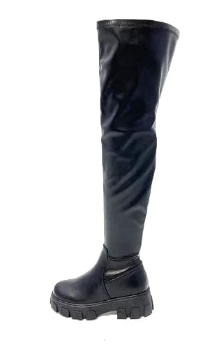 Wild Diva Premo-01 Women's Over Knee Platform Lug Sole Heel Fashion Dress Boots (Black PU, us_footwear_size_system, adult, women, numeric, medium, numeric_7_point_5)"