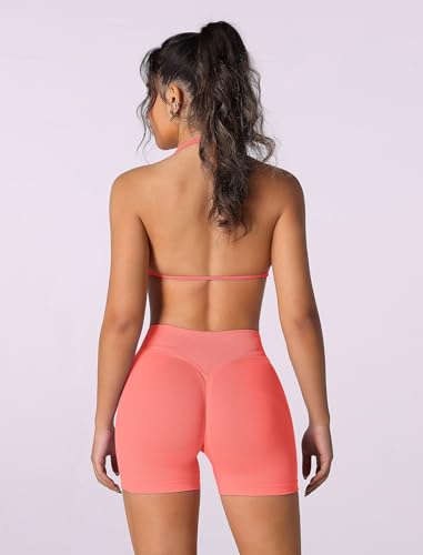 Image of ABOCIW Womens Seamless Workout Sets 2 Piece Strappy Halter Sports Bra Scrunch Butt Shorts Gym Yoga Outfits