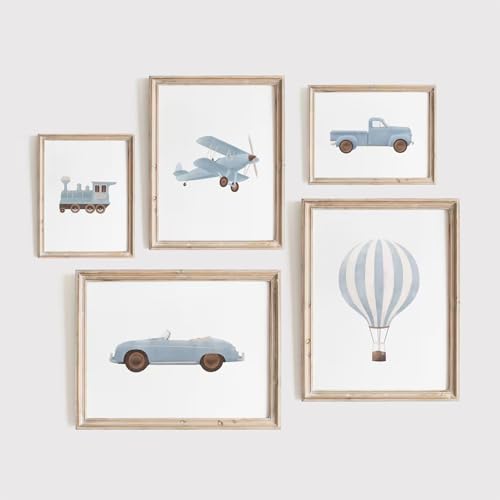Image of Blue Car Wall Art Decor Boys Room Canvas Poster Vintage Train Transportation Wall Art Watercolor Toddler Art Prints Blue Car Pictures Painting for Boy Bedroom Kids Nursery 8x10 Inch Unframed Set of 5
